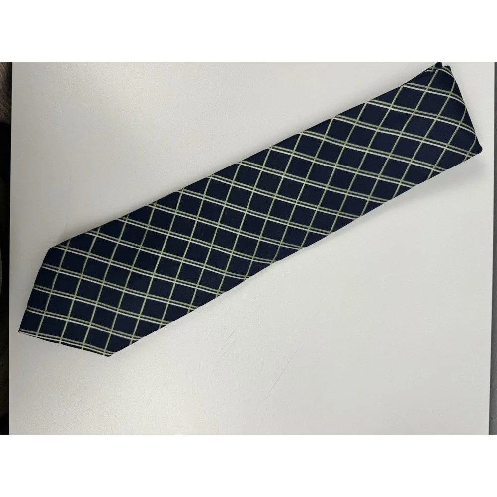Vtg Y2K Pierre Cardin 100%‎ Silk Tie Navy Green Plaid Classic Necktie